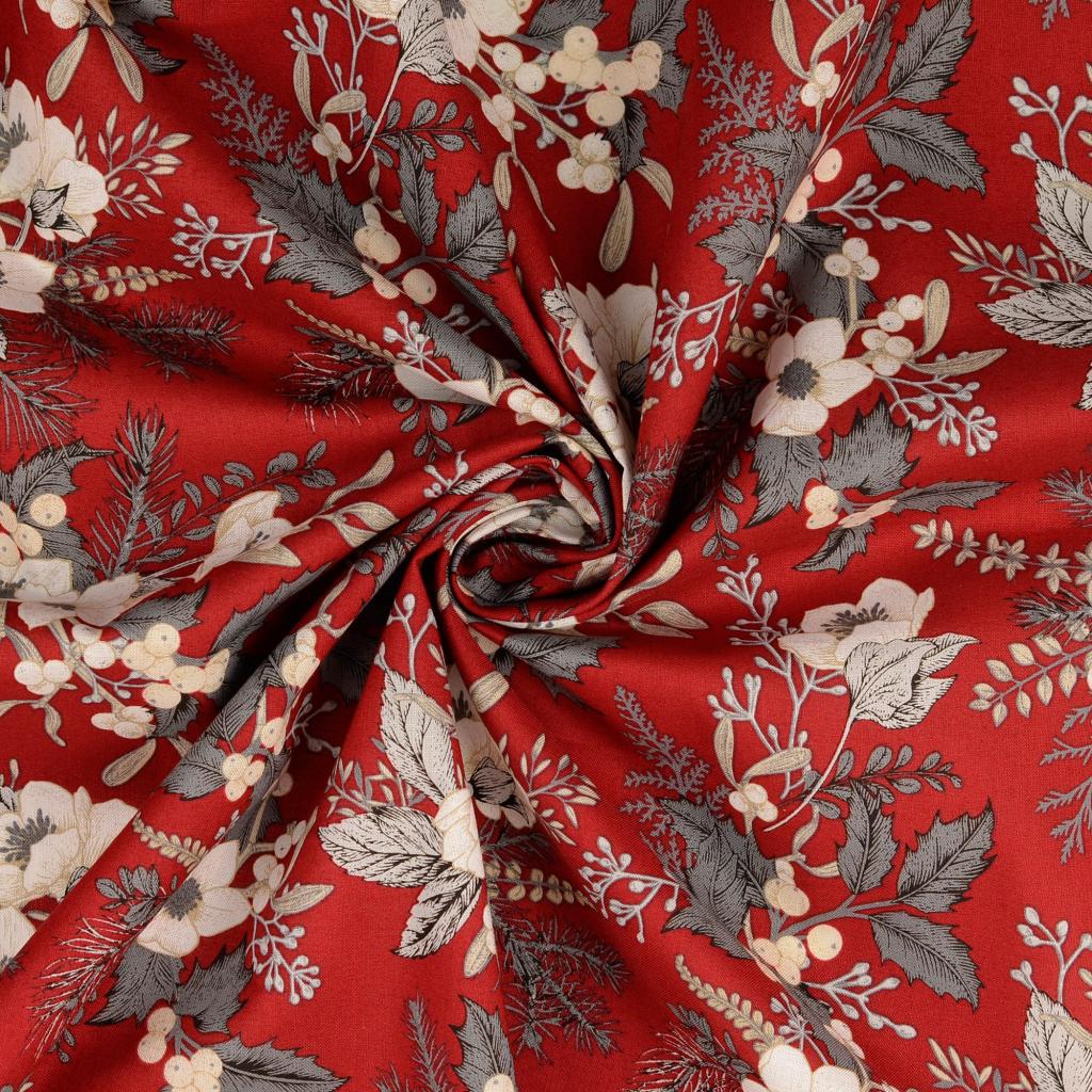 Popelín - Květy se šedými větvičkami na tmavě červené