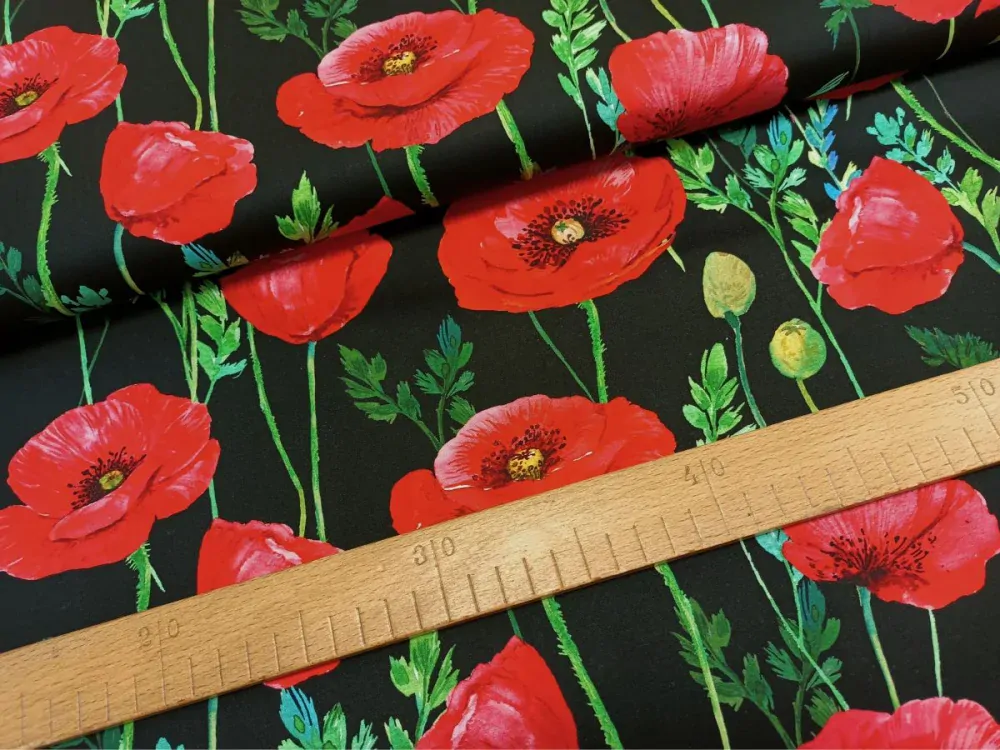 Popelín digi - Vlčí máky na černé - OPĚT SKLADEM