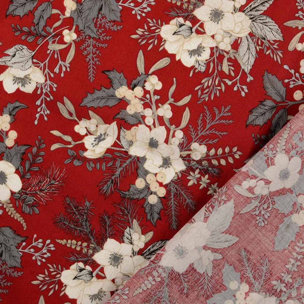 Popelín - Květy se šedými větvičkami na tmavě červené
