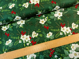 Popelín - Květy s větvičkami na tmavě zelené