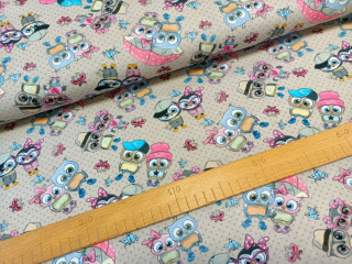 Úplet digi - Veselé sovy na béžovém puntíku