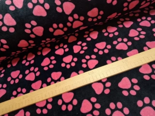 Flanelfleece - Růžové tlapky na černé